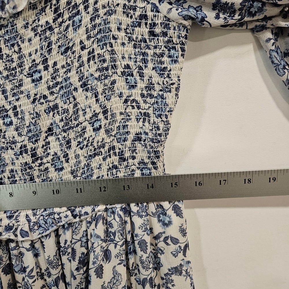 Super Natural Puff Sleeve Mini Dress L Blue Floral Smocked Peasant Cottage - Picture 12 of 15
